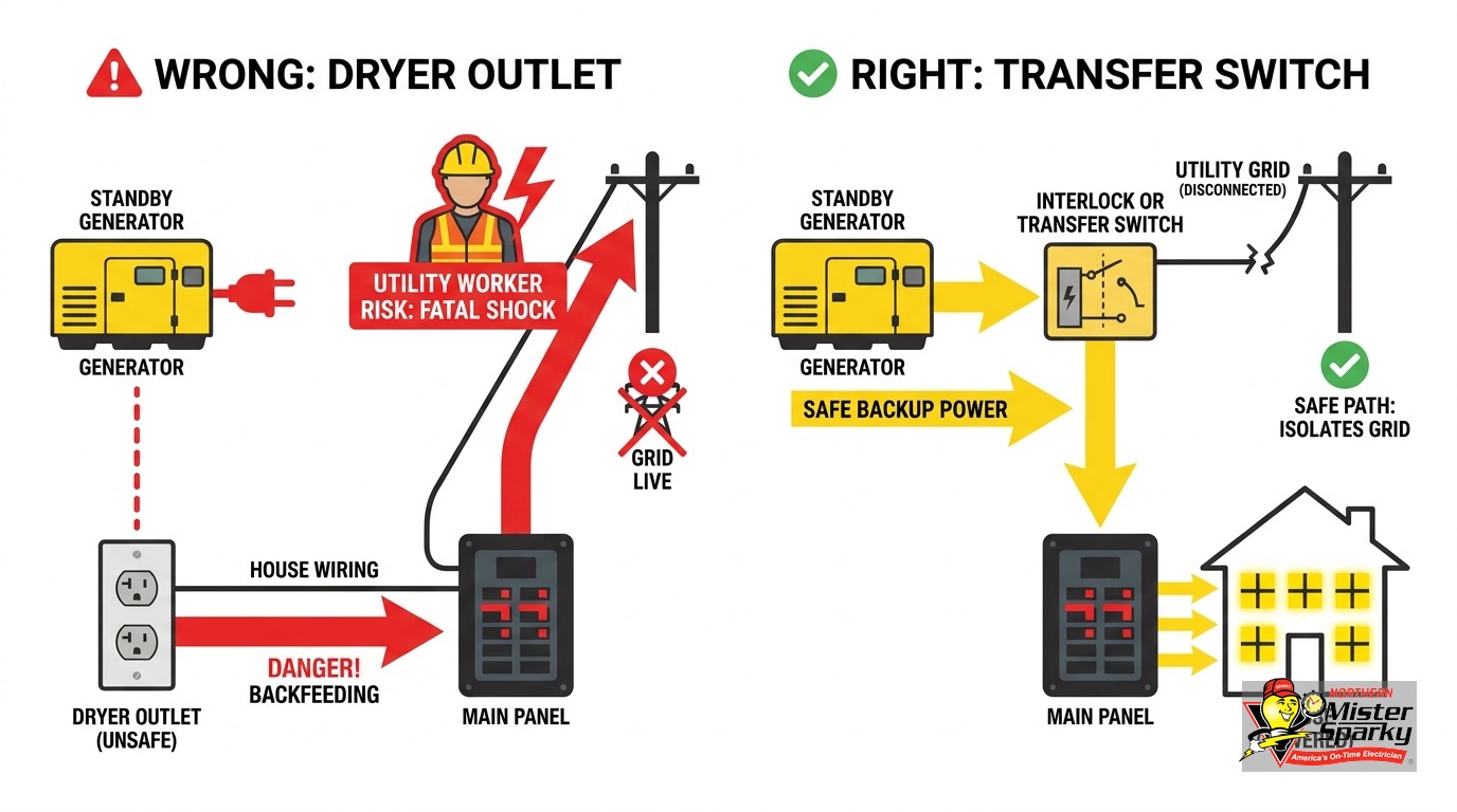 Generator Backfeed Danger: Why Your Dryer Outlet Can Kill